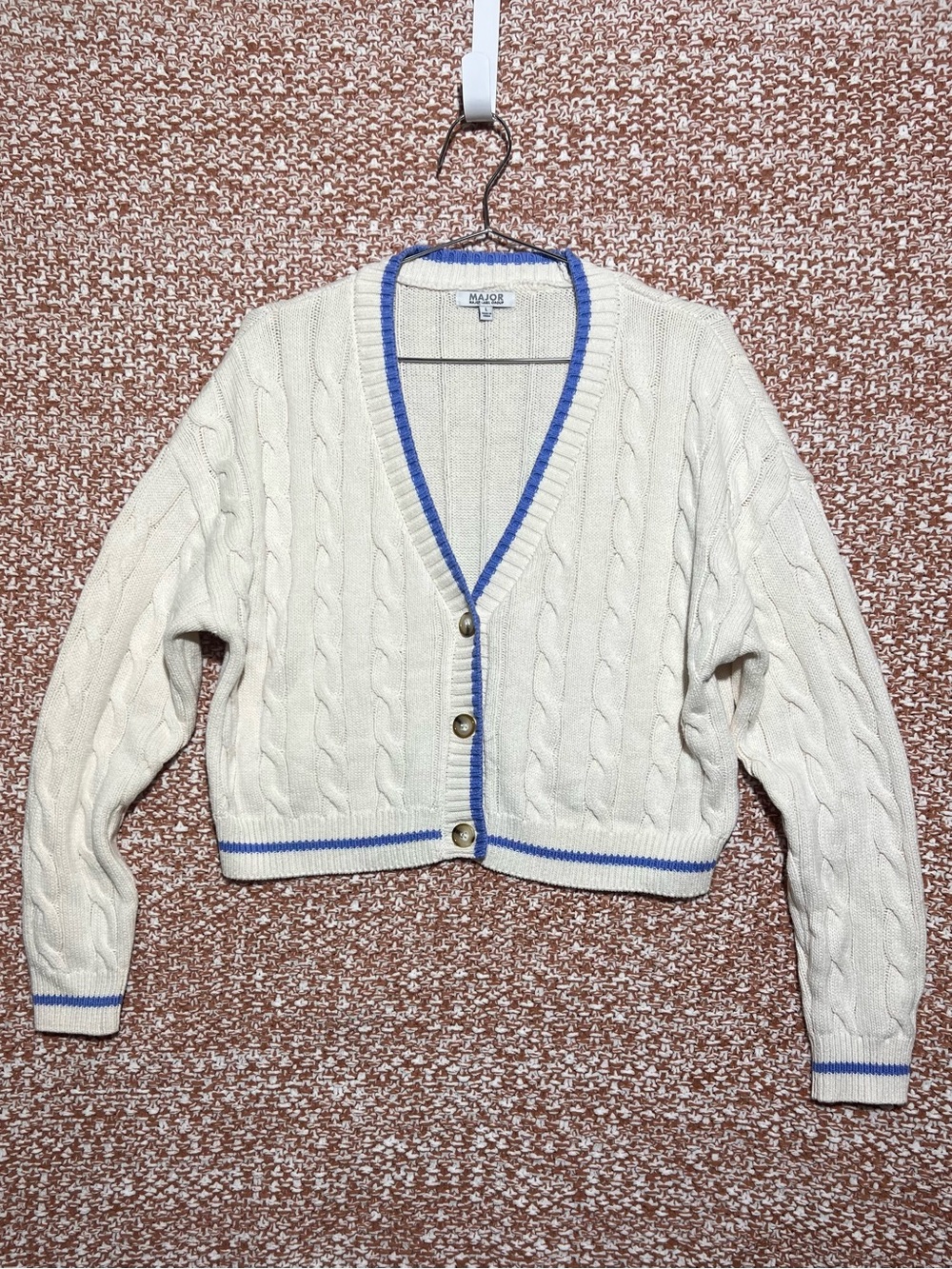 Varsity Cable-Knit Cropped Cardigan with Blue Trim size L